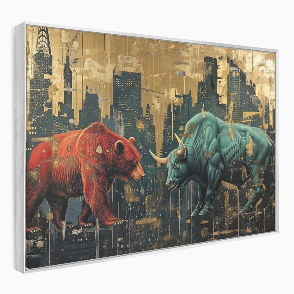 Tablou canvas cu tablou canvas cu taur si urs, in rama de aluminiu argintiu